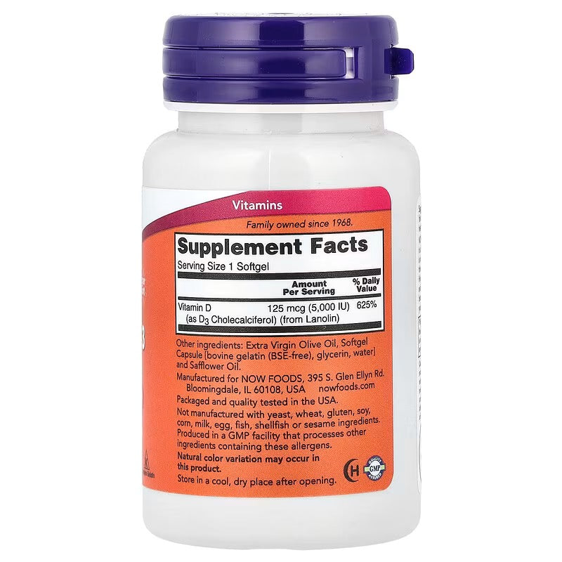 NOW Foods, Vitamine D3, hoge potentie, 5000 IE, 240 softgels