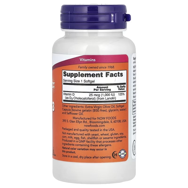 NOW Foods, Vitamine D3, hoge potentie, 1.000 IE, 360 softgels