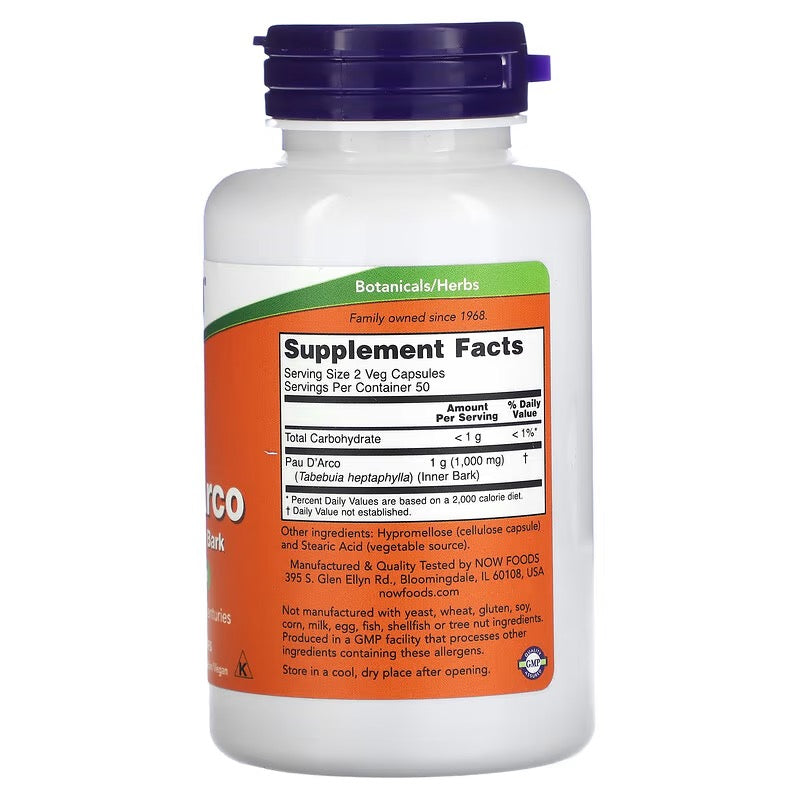 NOW Foods, Pau D'Arco, 1000 mg, 100 Veg capsules (500 mg per capsule)
