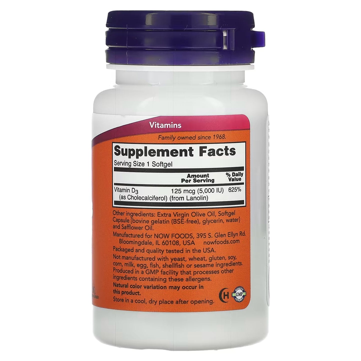 NOW Foods, Vitamine D-3, hoge potentie, 5000 IU, 120 softgels