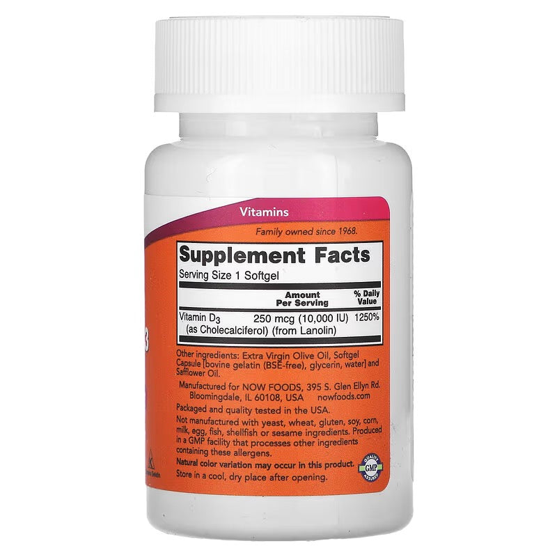 NOW Foods, Vitamine D3, High Potency , 10,000 IU, 120 Softgels
