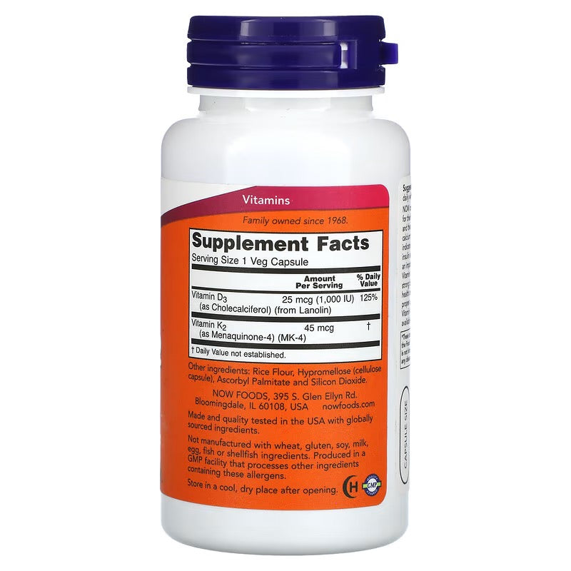 NOW Foods, Vitamine D3 & K2 1000 IU / 45 mcg 120 Veg Capsules