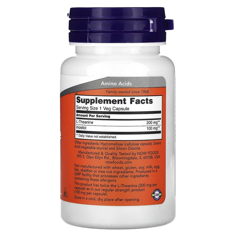 NOW Foods, L-Theanine, dubbele sterkte, 200 mg, 60 veg caps