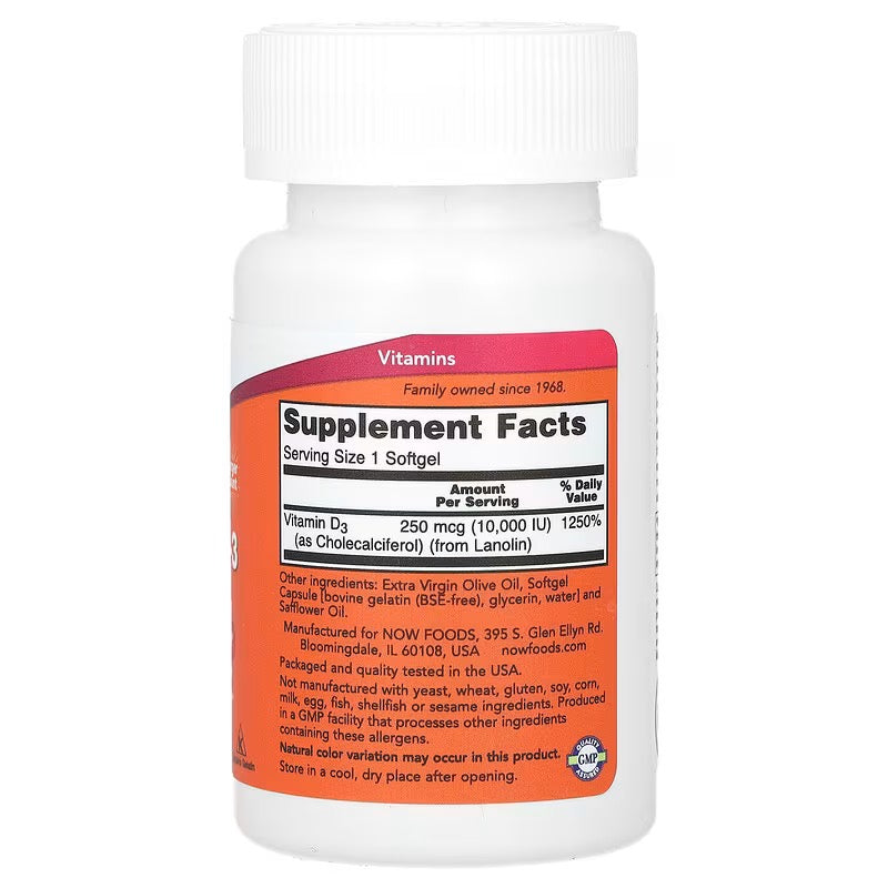 NOW Foods, Vitamine D-3, hoge potentie, 10.000 IE, 240 softgels